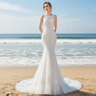 Scoop Neck Tank Top Lace Mermaid Wedding Dress with Trumpet Skirt