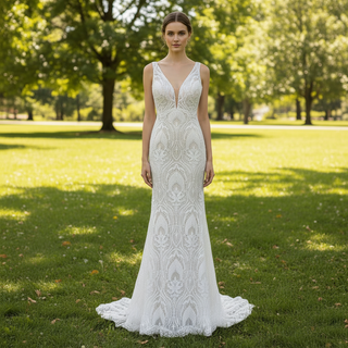 Deep Plunge Vneck Fit and Flare Lace Wedding Dress with Tank Top