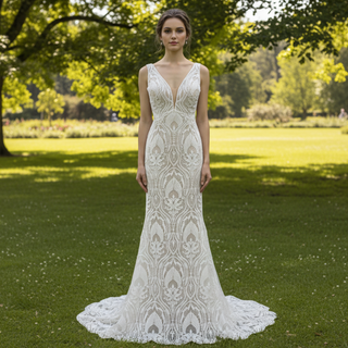 Deep Plunge Vneck Fit and Flare Lace Wedding Dress with Tank Top