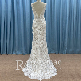 Deep Plunge Vneck Fit and Flare Lace Wedding Dress with Tank Top
