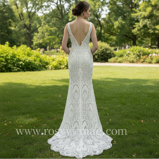 Deep Plunge Vneck Fit and Flare Lace Wedding Dress with Tank Top