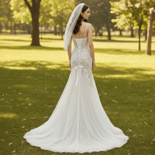 Mermaid Floral Lace Tulle Wedding Dress with Narrow Straps - Rosymae