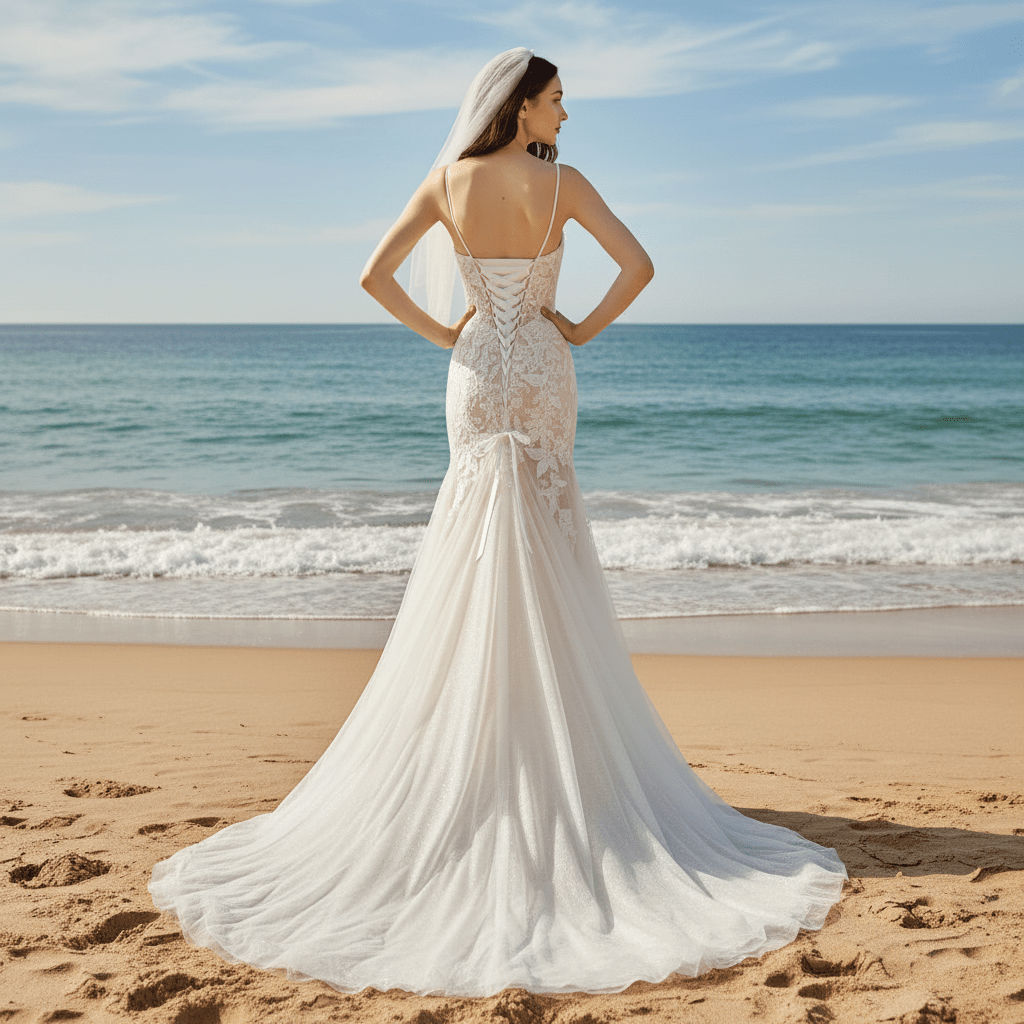 Mermaid Floral Lace Tulle Wedding Dress with Narrow Straps - Rosymae