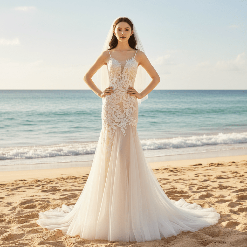 Mermaid Floral Lace Tulle Wedding Dress with Narrow Straps - Rosymae