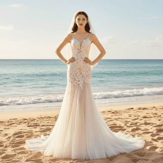 Mermaid Floral Lace Tulle Wedding Dress with Narrow Straps - Rosymae