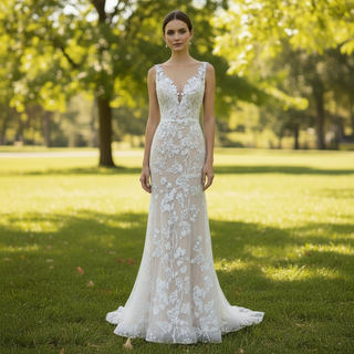 Elegant Fit and Flare Sheer Neck Lace Wedding Dress with V-neck