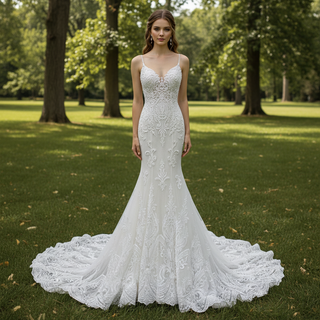 Spaghetti Strap Beaded Floral Lace Mermaid Wedding Dress