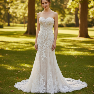 Trendy Strapless Fit and Flare Lace Wedding Dress Sweetheart Neck