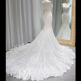 Spaghetti Strap Mermaid Lace Wedding Dresses with Asymmetric Tail
