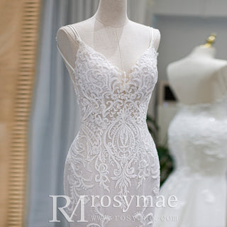 Spaghetti Strap Beaded Floral Lace Mermaid Wedding Dress