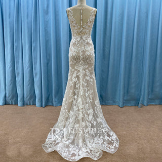 Elegant Fit and Flare Sheer Neck Lace Wedding Dress with V-neck