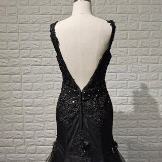 Mermaid Lace Applique Black Wedding Dress Backless Bridal Gowns - Rosymae