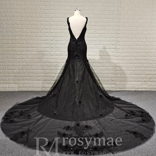 Mermaid Lace Applique Black Wedding Dress Backless Bridal Gowns - Rosymae