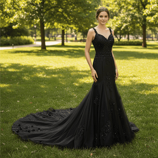 Mermaid Lace Applique Black Wedding Dress Backless Bridal Gowns - Rosymae