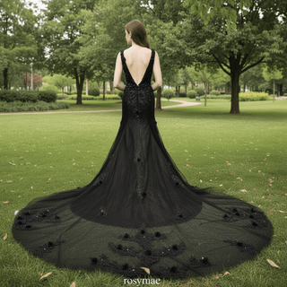 Mermaid Lace Applique Black Wedding Dress Backless Bridal Gowns - Rosymae