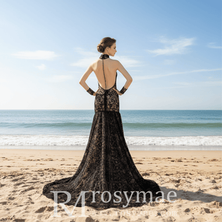Mermaid Lace Black Wedding Dress with Sheer Long Sleeve - Rosymae