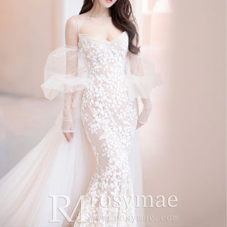 Gorgeous Spaghetti Strap Mermaid Wedding Dress with Detachable Train