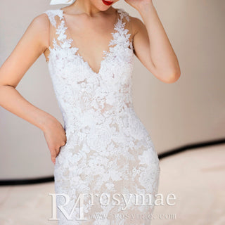 Fit and Flare Lace Overlay Wedding Dress with Vneck