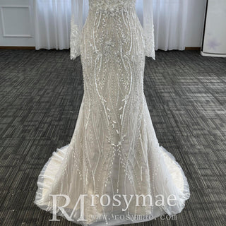 Mermaid Lace Long Sleeve Wedding Dresses & Gowns with Sheer Neck - Rosymae