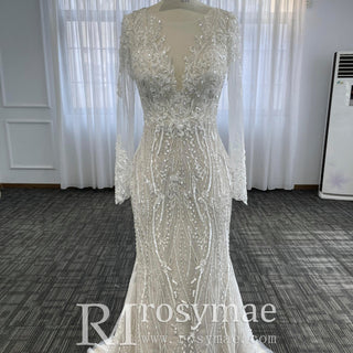 Mermaid Lace Long Sleeve Wedding Dresses & Gowns with Sheer Neck - Rosymae