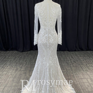 Mermaid Lace Long Sleeve Wedding Dresses & Gowns with Sheer Neck - Rosymae