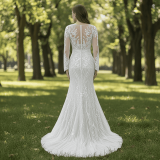 Mermaid Lace Long Sleeve Wedding Dresses & Gowns with Sheer Neck - Rosymae
