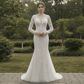 Mermaid Lace Long Sleeve Wedding Dresses & Gowns with Sheer Neck - Rosymae
