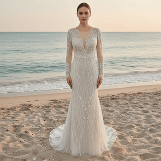 Mermaid Lace Long Sleeve Wedding Dresses & Gowns with Sheer Neck - Rosymae