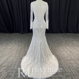 Mermaid Lace Long Sleeve Wedding Dresses & Gowns with Sheer Neck - Rosymae