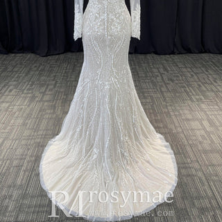 Mermaid Lace Long Sleeve Wedding Dresses & Gowns with Sheer Neck - Rosymae