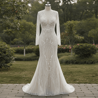 Mermaid Lace Long Sleeve Wedding Dresses & Gowns with Sheer Neck - Rosymae