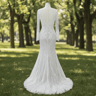 Mermaid Lace Long Sleeve Wedding Dresses & Gowns with Sheer Neck - Rosymae