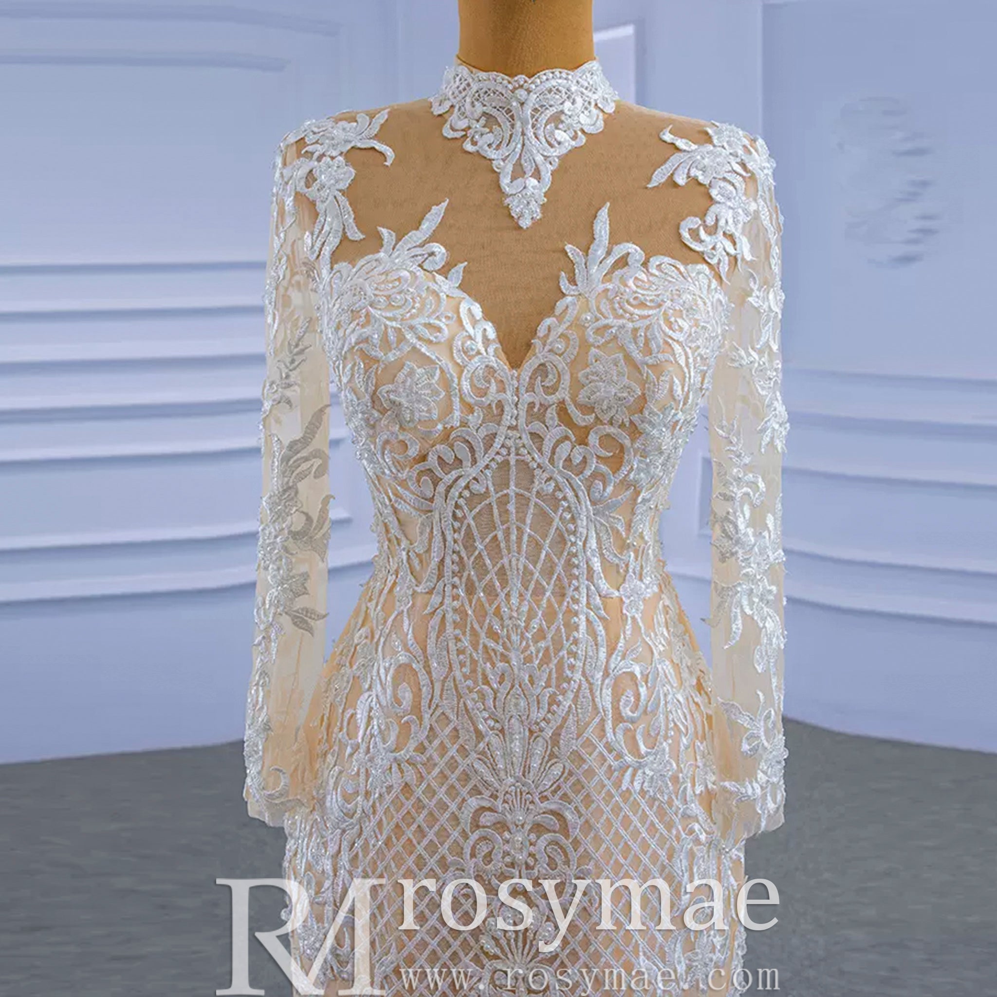Mermaid Lace O-Neck Long Sleeve Wedding Dress With Detachable Train - Rosymae