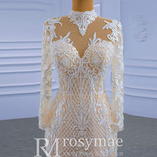 Mermaid Lace O-Neck Long Sleeve Wedding Dress With Detachable Train - Rosymae