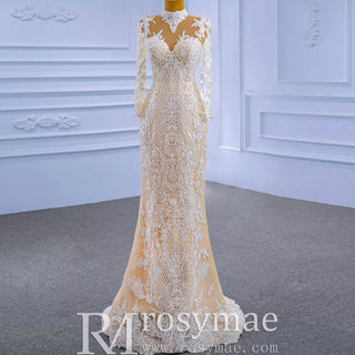Mermaid Lace O-Neck Long Sleeve Wedding Dress With Detachable Train - Rosymae