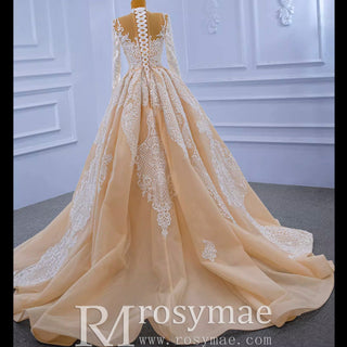 Mermaid Lace O-Neck Long Sleeve Wedding Dress With Detachable Train - Rosymae