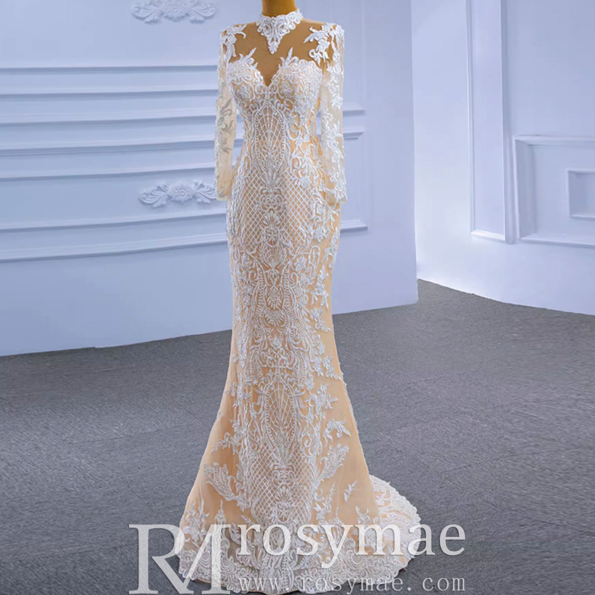 Mermaid Lace O-Neck Long Sleeve Wedding Dress With Detachable Train - Rosymae