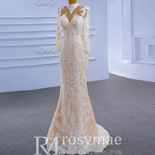 Mermaid Lace O-Neck Long Sleeve Wedding Dress With Detachable Train - Rosymae