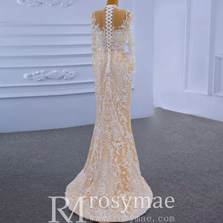 Mermaid Lace O-Neck Long Sleeve Wedding Dress With Detachable Train - Rosymae
