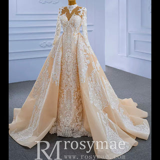 Mermaid Lace O-Neck Long Sleeve Wedding Dress With Detachable Train - Rosymae