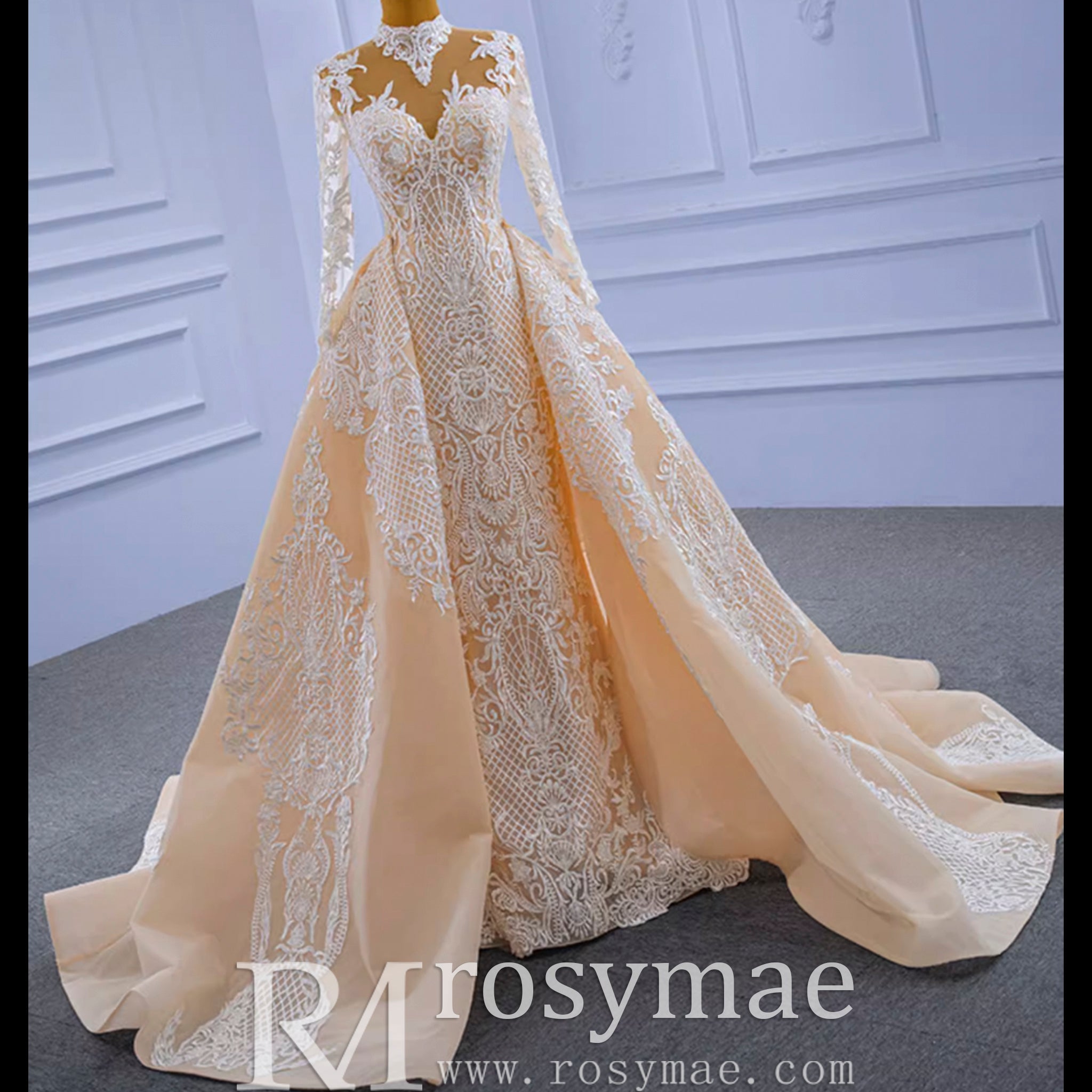 Mermaid Lace O-Neck Long Sleeve Wedding Dress With Detachable Train - Rosymae