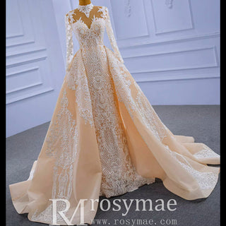 Mermaid Lace O-Neck Long Sleeve Wedding Dress With Detachable Train - Rosymae