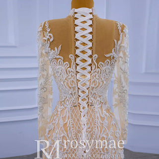 Mermaid Lace O-Neck Long Sleeve Wedding Dress With Detachable Train - Rosymae