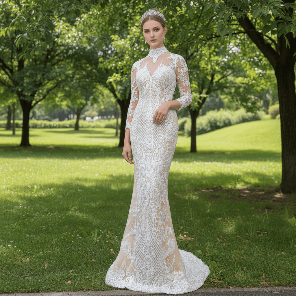 Mermaid Lace O-Neck Long Sleeve Wedding Dress With Detachable Train - Rosymae