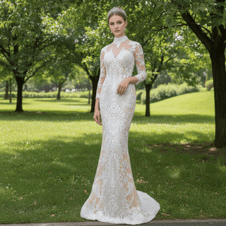 Mermaid Lace O-Neck Long Sleeve Wedding Dress With Detachable Train - Rosymae