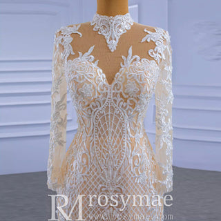Mermaid Lace O-Neck Long Sleeve Wedding Dress With Detachable Train - Rosymae