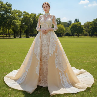 Mermaid Lace O-Neck Long Sleeve Wedding Dress With Detachable Train - Rosymae