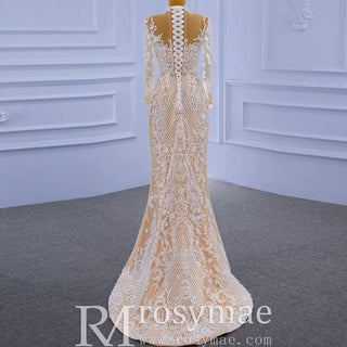 Mermaid Lace O-Neck Long Sleeve Wedding Dress With Detachable Train - Rosymae