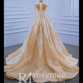 Mermaid Lace O-Neck Long Sleeve Wedding Dress With Detachable Train - Rosymae