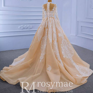 Mermaid Lace O-Neck Long Sleeve Wedding Dress With Detachable Train - Rosymae